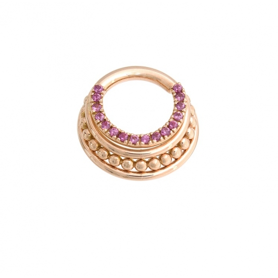 Brit - Hinge Ring with Graduating Layers - Row of 1mm Gems Front, 18GA Ring in Center, Tiny Beads, 18GA Ring in Back - 16GA Hinge