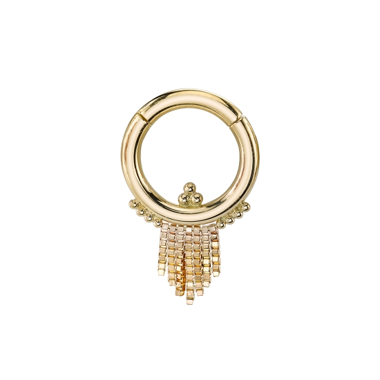 Calliope - Seam Ring with 8 Tiny Beads Below Ring and 7 Graduating Lengths of Box Chain - 1mm Tri Bead Cluster in Center Above Ring