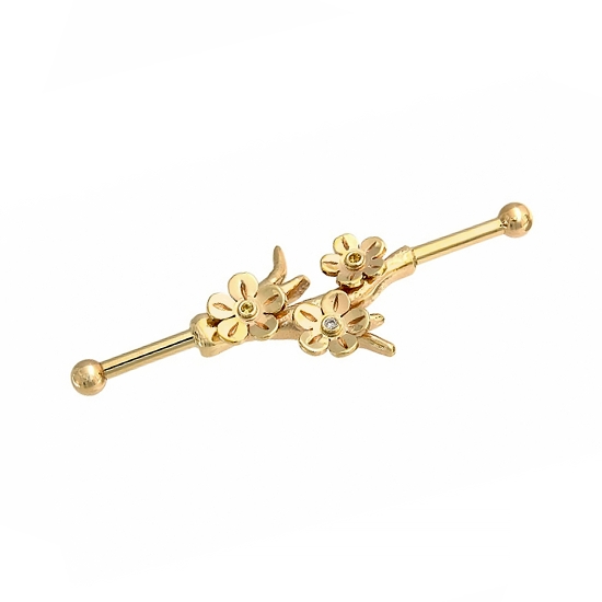 Industrial Barbell with Handmade 20mm Cherry Blossom Branch and Fixed Barbells on Each Side - Threaded 1/8in Beads - 1mm Bezels in Flowers