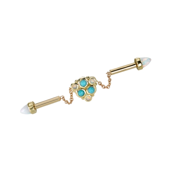 Custom Industrial - Threaded 3mm Opal Bullet Ends - 9/32in Straight Post On Each Side - 10mm Cable Chain On Each Post with Fixed Thora Center - Back Thread Thora 000120 - 14K CHAINS