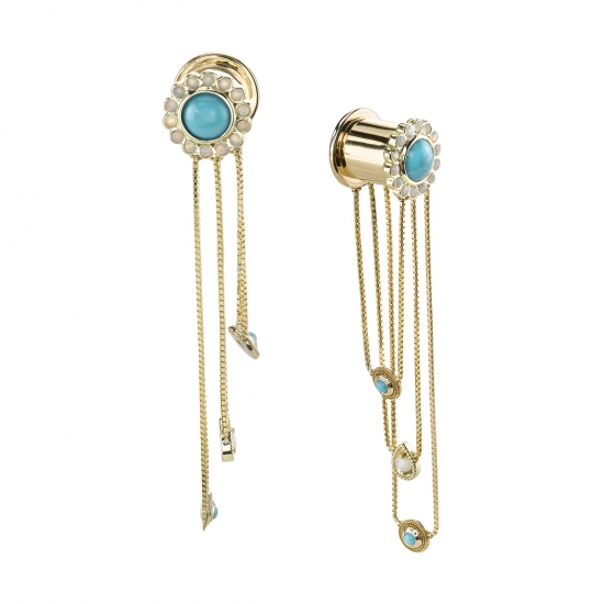 Chain Eyelet - 0GA 5/16in Wearable Length Eyelet with 11mm Bezel Cluster Front, 3 Lengths of Chain - 5.5mm Millgrain Bezel - 6x4mm Pear Harlequin - 5.5mm Millgrain Bezel Attached - Removable Back