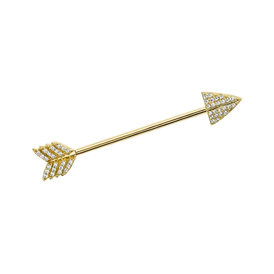 Straight Barbell with 9mm Micro Pavé Robin Hood Style Arrow and Tail - 1mm Gems - One Side Threaded, One Side Fixed.