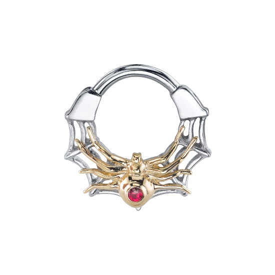 Black Widow - Spider Web Hinge Ring with Black Widow Spider - 1.5mm Gem Set in Spider - Design Measures Approx. 4mm at Widest Point - 16GA Hinge - Black Rhodium Spider, White Gold Hinge and Web