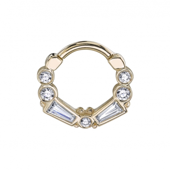 Abra - Hinge Ring with 1.5mm Bezel Center, 2 4x2x1.5mm Tapered Baguettes, 2 2mm and 2 1.75mm Round Bezels - 16GA Hinge