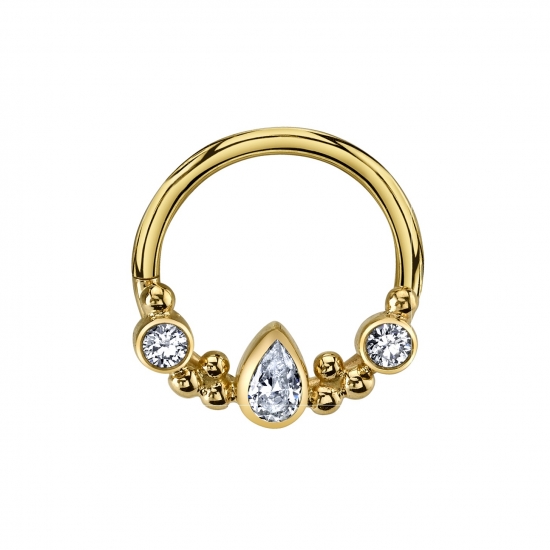 Inside Out Eden Pear Seam Ring with 4x2.5mm Pear Center, 2x 1.5mm Tri Beads and 2x 2mm Bezels On Top and Inside of Ring