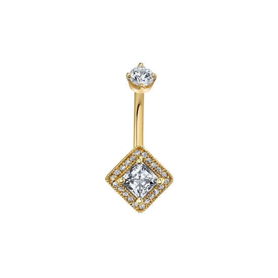 Curved Barbell with Threaded 4mm Prong Top and Axis Fixed 11mm Princess Halo Bottom - 5mm Prong Center Surrounded by 22x 1mm Prongs