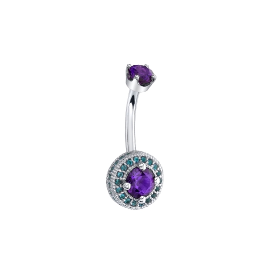 Curved Barbell with Threaded 4mm Prong Top and Fixed 9mm Round Halo with Side Gems Bottom - 5mm Prong Center Surrounded by 18x 1mm Prongs and 22x 1.25mm Side Set Gems