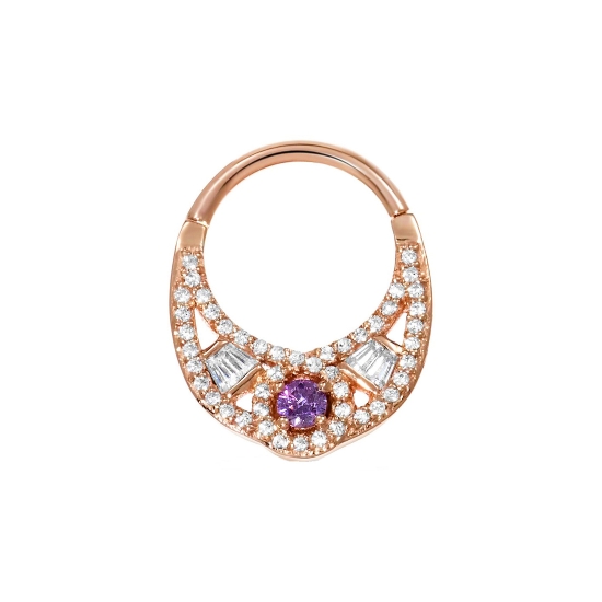 La Mirada - Hinged Delicate Septum Shield with Rows of .8mm Micro Pavé Prongs and Bypass Style Center with 2.5mm Prong - Tiny Tapered Baguette Accents on Each Side - 16GA HINGE