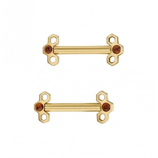 Straight Barbell with Forward Facing 7mm Cabochon Honeycomb Ends - 2mm Gem in Center - One Side Threaded/One Side Fixed - Wearing Surface Measured Between Top/Bottom Settings