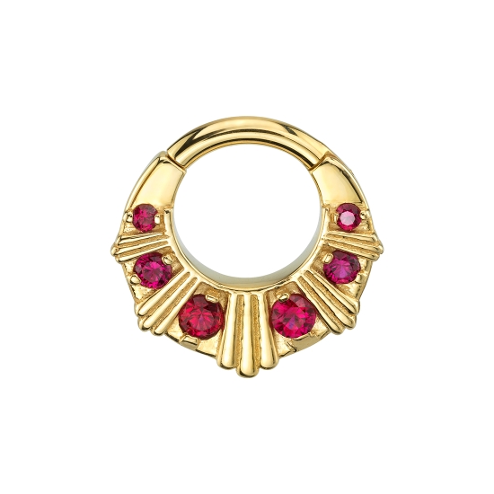 Azval - Art Deco Hinge Ring with Graduating Prong Set Gems and Short Toltec Inspired Rays In Between