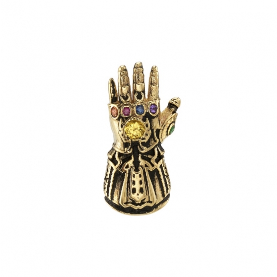 Threaded End with Gauntlet - 15x7mm - 1mm Gems in Each Finger 2mm Gem in Hand - GEMS FROM LEFT TO RIGHT: ORANGE, RED, BLUE, PURPLE, GREEN - ANTIQUE FINISH
