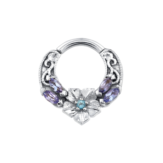 Ipomoea - Hinge Ring with Morning Glory Flower Center - 1.25mm Prong Set Round - Marquise Leaves Side (4) 3x1.5mm and Floral Pattern above with Millgrain Accents