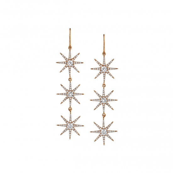 Traditional Earring - Kerry Stars - Hook Earring with Dangle of 3x 15mm Gem Stars Attached by Jump Rings - Gem Sizes From Outer to Inner: .8mm, 1mm, 1.25mm, 3.5mm