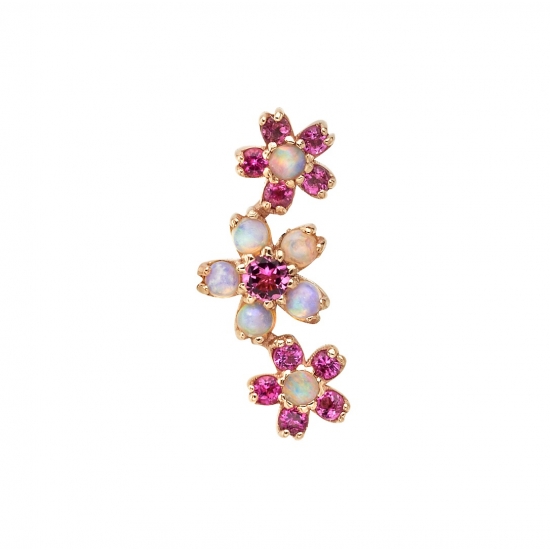 Threaded End with Curved Cherry Blossom Cluster - 2x 4mm Cherry Blossoms with 5x 1.25mm Petals and 1.5mm Center Surrounding 6mm Cherry Blossom with 5x 1.5mm Petals and 2mm Center