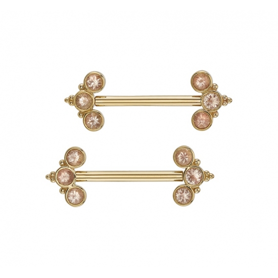 Straight Barbell - Paradise - Forward Facing Curved Bezel Cluster - 3x 3mm Round Bezels with Single Bead Accents Between Bezels and Tri Bead Accent Facing Outward on Center Bezel - One Side Threaded/One Side Fixed - Wearing Surface Measured Between Top/Bottom Settings