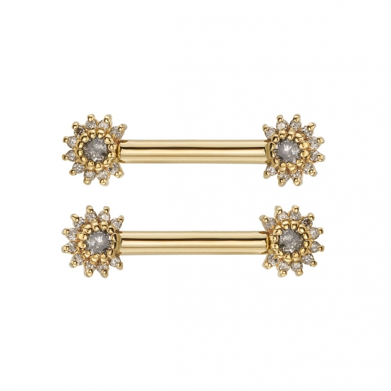 Straight Barbell with Forward Facing 5mm Rose 13 Gem Cluster - One Side Threaded, One Side Fixed - REMOVE TWO PRONGS FROM EACH ROSE TO ACCOMODATE BARBELL SHAFT