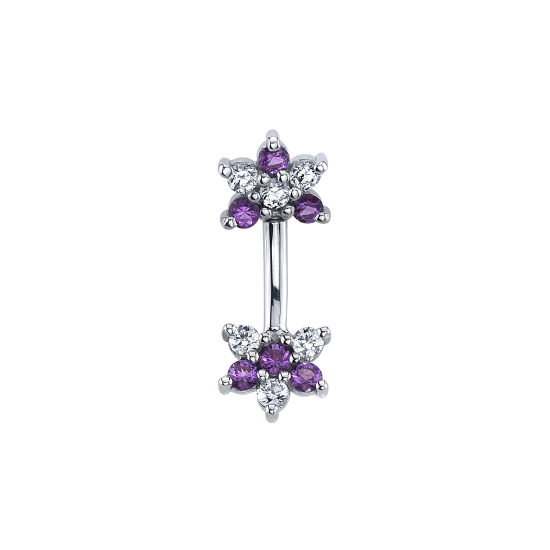 Curved Barbell with Forward Facing 5mm Flower 2 - One Side Threaded, One Side Fixed - One Petal Removed to Accomodate Shaft - ALTERNATING GEMS IN PETALS, REVERSED GEM ORDER ON EACH SIDE