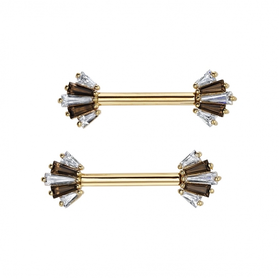 Straight Barbell with Forward Facing Oceane 5 - 6x8.5mm 5 Gem Tapered Baguette Fan - 5x2x1mm, 4x2x1.5mm, 3x2x1mm Gems - One Side Threaded, One Side Fixed
