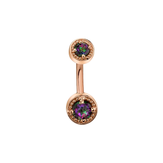 Curved Barbell - Rachel - Threaded 5mm Millgrain Prong Top and Fixed 6mm Millgrain Prong Bottom - 3 and 4mm Gems