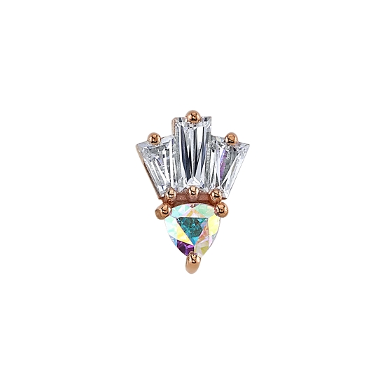 Threaded End - Two Times Blue - 9x6mm - 3 Gem Tapered Baguette Fan with Trillion Prong Below - 3x2x1mm Outer, 4x2x1.5mm Center, 3x3mm Below