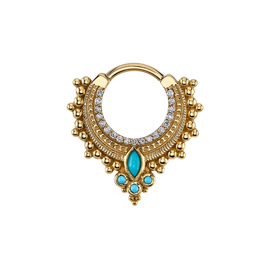 Hinge Ring - Dionysus - Row of 15x 1mm Round Prongs on Top and 4x2.5mm Marquise with 3 1.25mm Round Accents Center with Beaded Afghan Detail