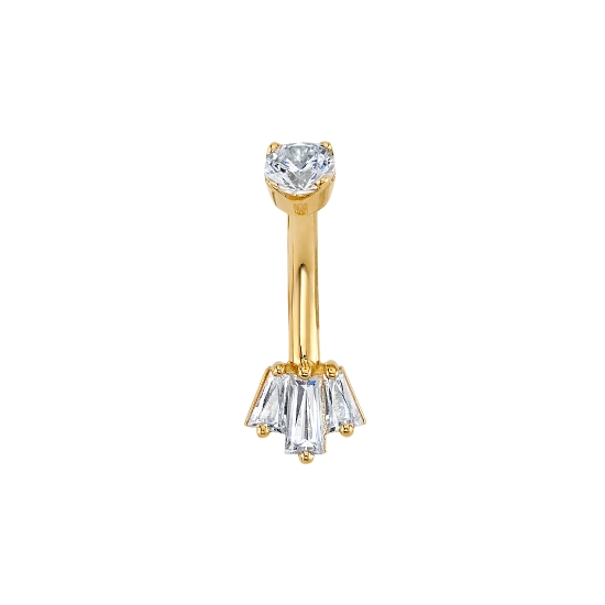 Curved Barbell with Threaded 3mm Round Prong Top and Fixed UPSIDE-DOWN Oceane 3 Bottom - 5x6mm 3 Gem Tapered Baguette Fan - 3x2x1mm Outer with 4x2x1.5mm Center