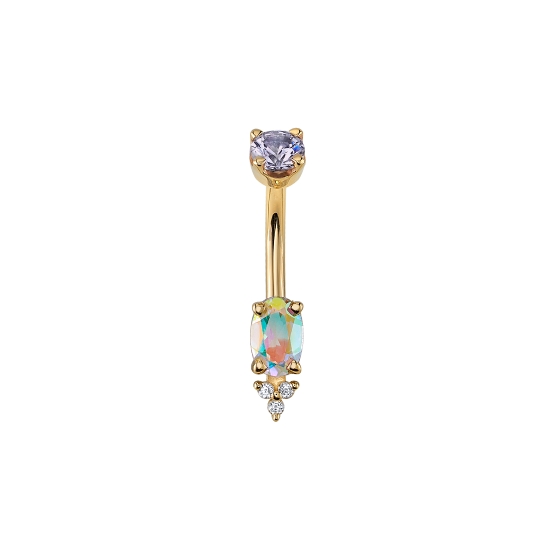 Curved Barbell with Threaded 3mm Round Prong Top and Fixed 8x6mm Oval with Tri Accent Prong Bottom - 3x 2mm Gems