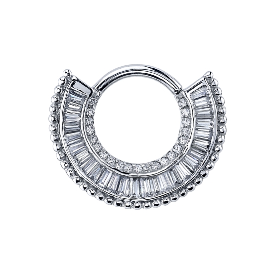 Wanderlust - Hinge Ring with Row of 17x 1mm Round Prongs, 28x 2x1x.75mm Tapered Baguettes, and Tiny Beads Along the Bottom