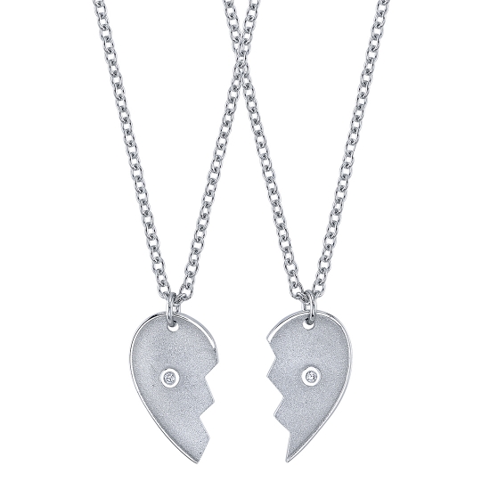 LEFT HALF Friendship Necklace - 20in Length of 1.5mm Cable Chain - 14mm Broken Heart with Raised Edges and Sandblasted Relief - 1mm Round Bezel in Center - Single 12ga Jump Ring Bail - Lobster Claw Closure - 6x2mm BVLA Logo Tag Attached to Clasp