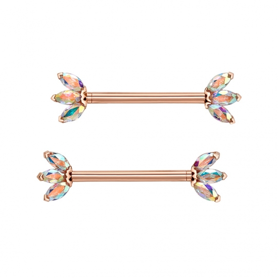 Straight Barbell with Forward Facing Triple Marquise Fan - 3x1.5mm Marquise Prongs - One Side Fixed/One Side Threaded