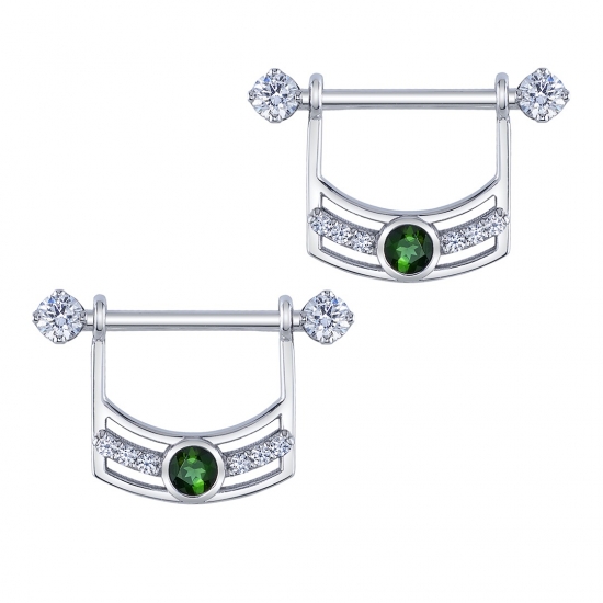 Shireen Nipple Stirrup - Arch Design with 3.5mm Round Bezel Center - 3x 1.5mm Round Prongs on Either Side of Bezel - 1/2in Horizontal, 7.5mm Vertical - Attached to 14GA 1/2in Straight Barbell with 4mm Prongs - One Side Threaded/One Side Fixed.