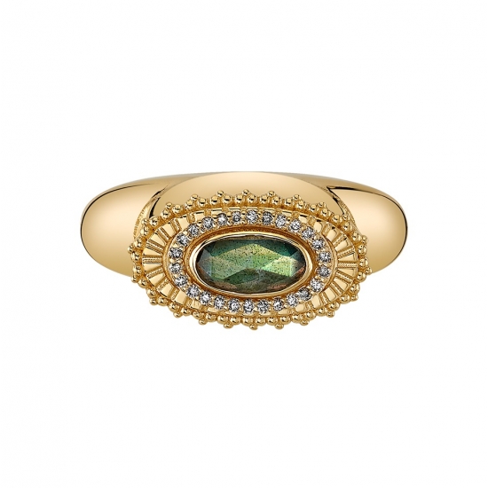 Custom - Timothy Plows - Large Oval Labret with Removable Face - Approx. 17x10mm - T-Bar to Measure 24.5x10mm - Oval Afghan Face with 8x4mm Oval Center Gem Surrounded By 26x 1mm Round Gems and Decorative Bead Detail