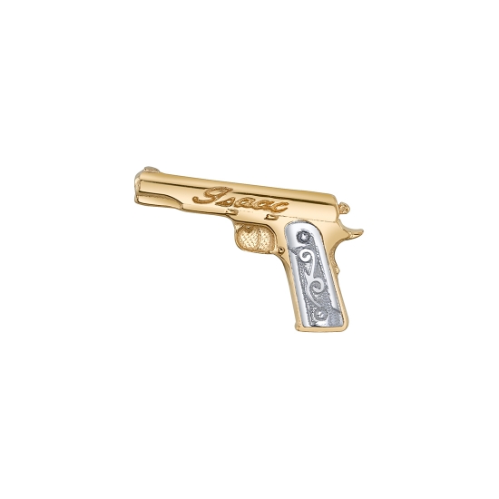 Threaded End - Isaac Pistol - 12mm - Left Facing Realistic Pistol with "Isaac" in Script on the Barrel - TWO TONE: YELLOW GOLD Pistol, WHITE GOLD Handle