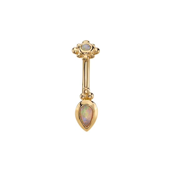Curved Barbell -Threaded 2mm Bezel with 8 Beads Surrounding Top and Fixed 5x3mm Pear Bezel Point Down with Tri Bead Accent on Rounded Edge of Pear Bottom