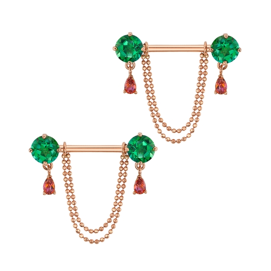 Antoinette Barbell - 4mm Forward Facing Round Prongs with 4x2.5mm FACETED Pear 3 V Prong Dangle From Jump Rings On Each Prong - One Side Threaded/One Side Fixed - Removable Diamond Cut Beaded Double Riel Chain - 1st Chain Approximately 1/4in from Barbell, 2nd Chain Slightly Longer