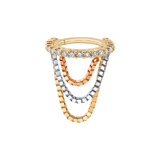 MOD Astor - TWO-TONE Telesto Hinge Ring with Navel Facing Row of 1.5mm Prongs - 3x Graduating 0.75mm Box Chains Attached to Ring - From Shortest to Longest, Chain Lengths: 12mm, 19mm, 27mm - YELLOW GOLD TELESTO, SHORT CHAIN, AND LONG CHAIN. WHITE GOLD MIDDLE CHAIN