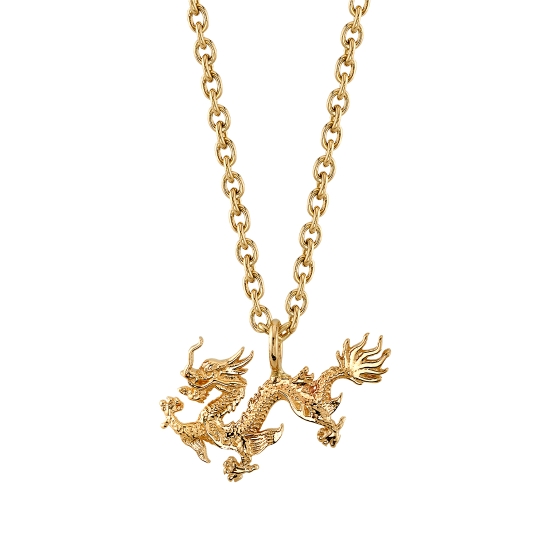 Custom Necklace - 16x10mm Fei Long Dragon - LEFT FACING - 18in Length of 1.5mm Cable Chain - 12ga Jump Ring Bail Centered So Dragon Hangs Horizontally - Lobster Clasp Closure - 6x2mm BVLA Logo Tag Attached to Clasp