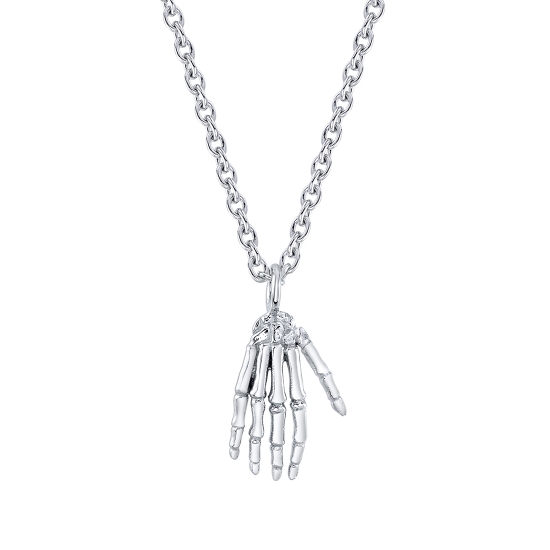 Custom Necklace - 12mm Crypt Keeper - Right Hand - Back of Hand Facing Forward - 18in Length of 1.5mm Cable Chain Necklace - 12ga Jump Ring Bail Attached to Top of Wrist - Lobster Clasp Closure - 6x2mm BVLA Logo Tag Attached to Clasp