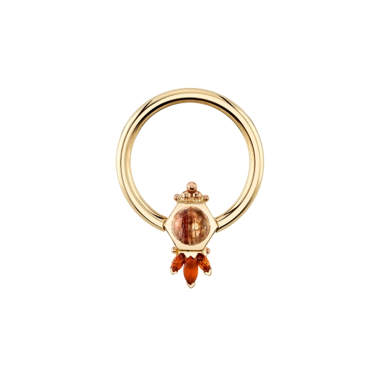 TWO-TONE Fixed Ring with 6mm Cabochon Single Honeycomb - 5mm Gem - 1.5mm Tri Bead Fixed to Top of Honeycomb - Mini AJ Fixed to Bottom of Honeycomb - (2) 3x1.5mm and (1) 4x2mm Marquise Gems - Tiny Bead Accents On Each Side of Tri Bead and Mini AJ - SANDBLASTED 4x2mm MARQUISE ONLY - YELLOW GOLD RING, HONEYCOMB, AND MINI AJ. ROSE GOLD TRI BEAD AND TINY BEAD ACCENTS