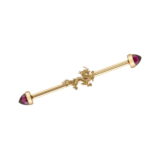 Double Threaded End - Fei Long - RIGHT FACING Dragon - 16x10mm - Threads Placed Approximately 1/3rd and 2/3rds of the Way from Head to Tail - Flush Set .8mm Gem in Eye