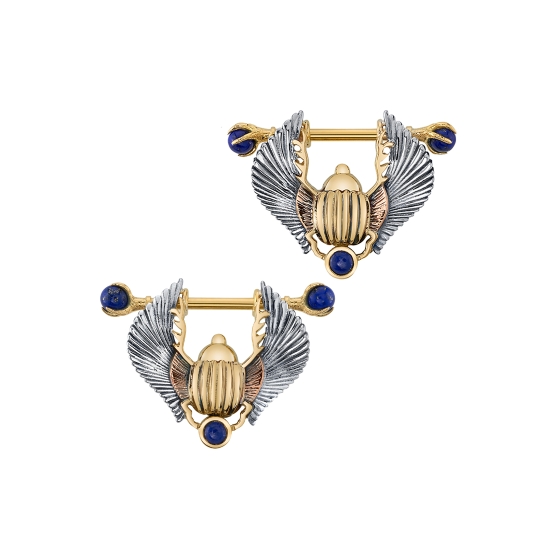Khepri - Scarab Nipple Stirrup with 4mm Falcon Claw 12GA Barbell - 27mm Scarab Design with 4mm Cup - 3/8in Wearing Surface - Plating Detail on Wings - White Gold Outer Wings, Rose Gold Inner Wings - Black Rhodium Highlights on Wing and Body - Threaded Ends with Falcon Paw Bead Prong - 4mm - Total Length of Barbell Approx 7/8in
