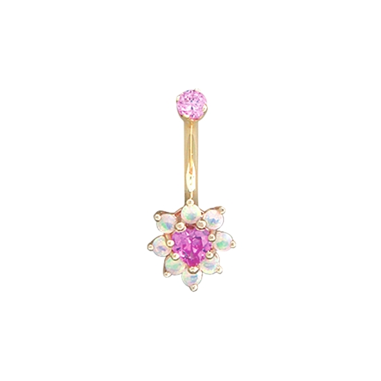 Curved Barbell with Threaded 3mm Round Prong Top and Fixed 9 Gem Heart Cluster Bottom - 8x 2mm Gems with 4mm Heart Cut Gem Center