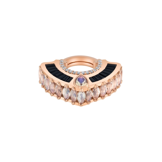 Halo Halo - Hinge Ring with Row of (16) 1mm Prong Set Gems, 5x3mm Pear Bezel Center and (16) Channel Set 2.5x1.3x1mm Tapered Baguettes - Row of (15) Downward Facing Prong Set Marquise Gems - 10GA HINGE