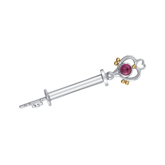 Charm with Hey Pluto Staff Dangle - 18mm - Heart Design with 2mm Open Back Bezel and Key Detail - WHITE GOLD Heart and Key; YELLOW GOLD bead accents - 7x Jump Rings for Navel Oriented Ring
