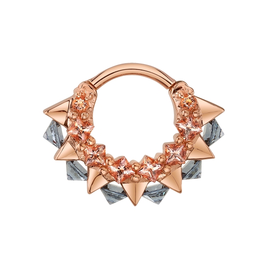Tara Hinge Ring - 6x Forward Facing 2mm Princess Prongs with 1x 1.5mm Princess Prong on Either Side and 6x Downward Facing REVERSE Set 2.5mm Round Gems with Spike Accents - 14GA Hinge Closure