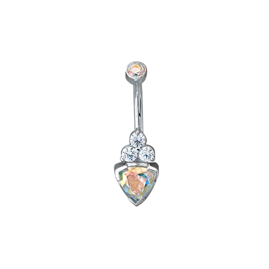 Curved Barbell with Threaded 3mm Round Bezel Top and 4mm Trillion Half Bezel Bottom with 1.5mm Tri Prong Cluster on Flat Top Edge - TRILLION POINTING DOWN
