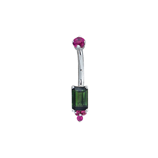 Curved Barbell with Threaded 3mm Prong Top and Fixed 7x5mm Emerald Prong with 1.75mm Tri Prong Cluster Accent
