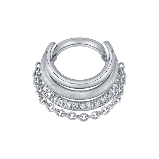 Lucy in Chains Hinge Ring with Gems - 2x 16GA Graduating Rings and 1x Row of Forward Facing 0.8 Prongs with 1mm Cable Chain Hanging Slightly Below as Last Ring - 16GA Hinge - SANDBLAST RINGS ONLY