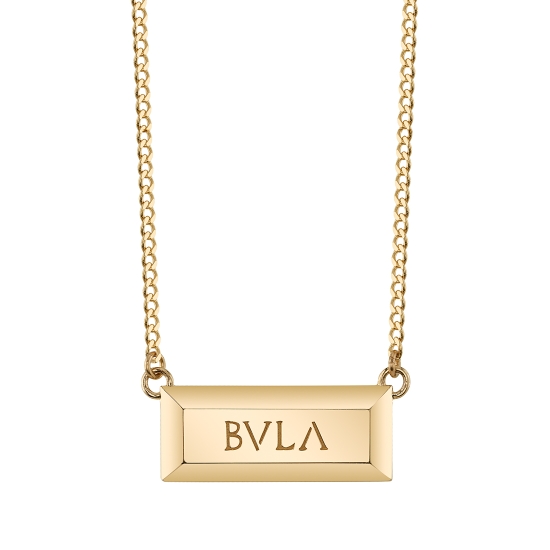 Necklace - BVLA Gold Bar - Solid - 25x10.5mm and 3mm Thick - Attached to 16in 2mm Curb Link Chain by Tiny Jump Rings - 6x2mm BVLA Logo Tag Attached to Clasp