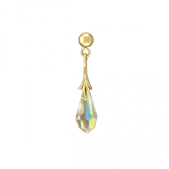 Toploader Curved Barbell - Dew Drop - Fixed 5/32in Bead Top with Jump Ring and Handmade Flourish Bail Holding 7x5mm Briolette - Threaded 5/32in Bead Bottom